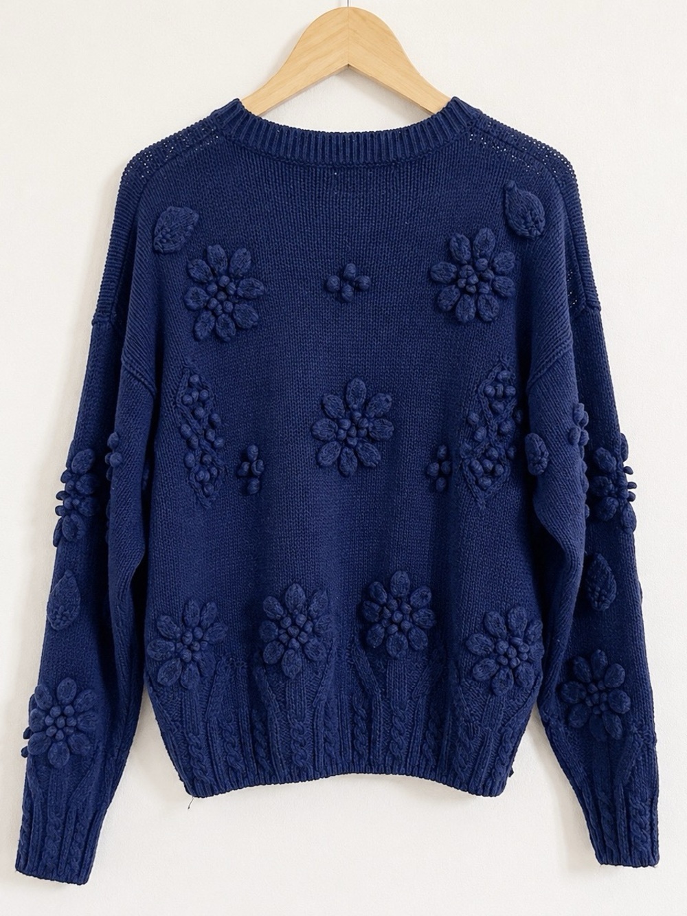 Eagles Eye 3D Floral Knit Sweater Navy Blue Textured Cotton Women’s Size L